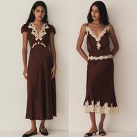 Chocolate Brown Vintage Heavy Embroidery Silk Slip Dress, Eyelash Lace Trim, Bias-Cut, Satin Bow at Waist