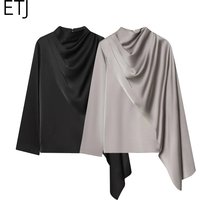 ETJ 2026 Spring new women's elegant fashion shawl design satin drape top asymmetric wrinkled long-sleeved shirt