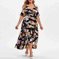 Plus-size Women's Five-eighths Trumpet Short-sleeve Dress, Hot-selling Casual Bohemian Printed V-neck Fishtail Full Skirt Dress