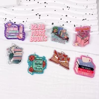 Glitter Pink Books Coffee Acrylic Charms Flat Back Epoxy Pedant Fit Earrings Jewelry Making Teacher Student Gift