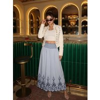 HH Women Summer Bohemian Coastal Blue Gingham Skirt Spring Smocked Waist Cutwork Embroidery Maxi Lightweight Skirt For Beach