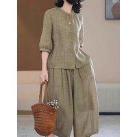 Elegant Casual Slimming Fashion Set Women Summer Beaded Shirt Top Wide Leg Pants Two Piece Set Breathable Loose Fit High Waist