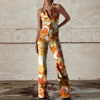 Casual High Waist Zipper Halter Playsuit Overalls Summer New Backless Romper Vintage Sleeveless Floral Printed Bodycon Jumpsuits