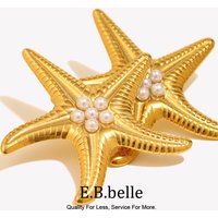 E.B.belle Exaggertaed Summer Beach Imitation Pearl Starfish Stud Earrings 18k Gold Plated Stainless Steel Holiday Women Jewelry