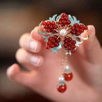 Red Flower Tassel Hair Clips: Chinese Style Side Clips with Flowing Tassels, Ideal for Hanfu