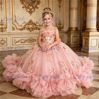 New Layering Flower Girl Dress Sequin Gold Applique Wedding Dresses for Girls with Bow Off Shoulder First Communion Dresses