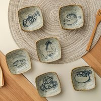 6 Ceramic Cartoon Antique Square Seasoning Inch Dipping Soy Sauce Sushi Plates, Kitchen Supplies, Restaurant Supplies