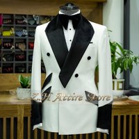 Premium men's white suit jacket black velvet V-neck blazer custom-made men's clothing for prom groom wedding party formal dress