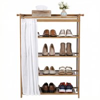 5-Tier Shoe Storage Shelves Organizer Wooden Shoes Hanger Rack With White Gauze Curtain For Entryway Hallway Bedroom Living Room