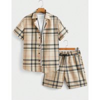 Street Casual Men's Suit Personalized Fashion Plaid Printed Pattern Short Sleeve Lapel Shirt and Shorts Men's Two Piece Set