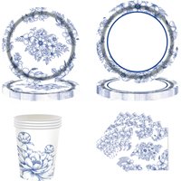 24pcs Chinese Style Minimalist Blue White Porcelain Party Tableware Set Disposable Paper Plates Cup Holiday Party Decoration