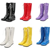 Men Wrestling Cosplay Boots Shiny Leather Calf Boots Classic Round Toe Lace-Up Wedge Heel Boots Boxing Boots Halloween Cosplay