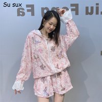 Sequins Butterfly Pattern Hooded Oversized Short Pant Sets Woman 2026 Summer Zipper Flare Sleeve Tops 2 Piece Sets Streetwears