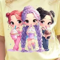 Children's Kpop Popular Cartoon Print T-Shirt Tops Clothing Design Casual Harajuku Style Round Neck Short Sleeve Girl Clothing