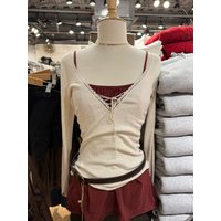 Bandage Lace Trim Long Sleeve T-shirt Autumn Sexy V-neck Cotton Slim Tshirt Top Female Casual Simple Solid Elegant Woman's Tees