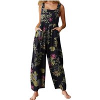 Women Plus Sizes Jumpsuit Leaf Floral Print Square Neck Sleeveless Fashion Casual Overalls with Pockets