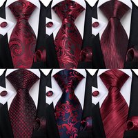 Luxury Floral Striped Solid Men's 8 cm Red Silk Tie Set Handkerchief Cufflinks Business Wedding Prom Groom Accsessories Gift Men