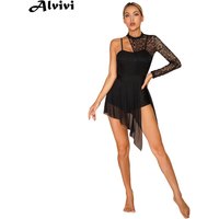 Women Lyrical Dance Dress One Shoulder Long Sleeve Sheer Lace Split Mesh Leotard Tutu Dresses Ballet Figure Skating Dancewear
