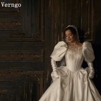 Verngo lvory Satin Wedding Dress Luxury Lace Puff Sleevs Royal Court Bridal GownChurch Sweap Train Bride Dresses 2026 Customized