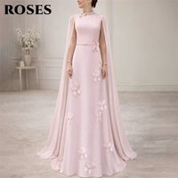 ROSES Light Pink Elegant Prom Dress High Neck Cape Sleeve Gala Dresses with 3D Floral Evening Dress A Line 프롬드레스 Customized