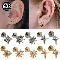 1/2/6PCS Solid Titanium Zircon Flat Back Earring Cartilage Star Sun Earrings Stud 16G Lobe Helix Tragus Golden Piercing Jewelry