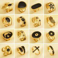Artistic Golden Plated Bohemia Black Enamel Opening Rings Minimalist Stainless Steel Finger Rings Jewelry Gifts For Women Girls