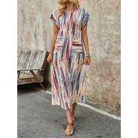 Women's Casual Striped Midi Dress with Pockets Summer Short Sleeve Round Neck Loose Fit Bohemian Print Beach Sundress