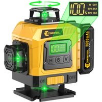 CONENTOOL 16-line 4x360° Green Laser Level, featuring 4D self-leveling crosshairs, tripod, LCD display, IP54 waterproof rating, and dual batteries. Suitable for tile laying and carpentry work.