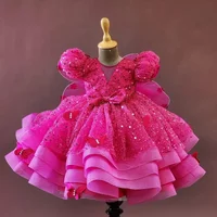 Custom JDY High Puff Sleeve Sequin Butterfly Flower Girl Dress Wedding Party Gown Birthday Party Dress Kids Pageant Dress فساتين