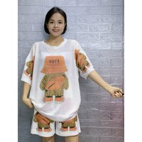 Casual Hollow out Loose Short Sleeve Women's Set Summer New Cartoon Bear Diamond Top Bottom Two Piece Set Fashionable Ensemble