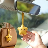 Cute Yellow Star Car Rearview Mirror Hanging Ornament, PU Leather Star Bag Charm with Bell, Auto Interior & Purse Decor