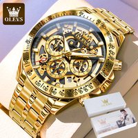 Montres pour hommes OLEVS Lxuxry Brand Gold, montre chronographe en acier inoxydable entièrement squelettée, étanche, lumineuse, à quartz.