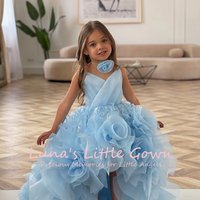 Light Blue V‑Neck 3D Rose Ruffle Tulle Baby Flower Girl Dress High Low Toddler Party Gown Customized