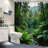 Realistic Tropical Rainforest Coconut Tree River Landscape Print Shower Curtain Waterproof Mildew Resistant Polyester Fabric Wit