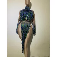 Showgirl Performance Costumes Sexy Sequins Bare leg Dancer with Tassel Stage Dress Party Women Backless Nightclub Dress