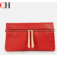 CH Vintage Red PU Leather Crossbody Bag Embossed CH Letter Double Zipper Shoulder Handbag For Retro Outfits