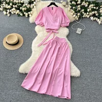 2025 New Summer Chic Elegant OL Sets Women Puff Sleeves Lace Up Slim Mini Tops+Elactic Waist Long Skirts Trend Fashion Suits