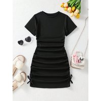 Girls' Casual Spring/Summer Short-Sleeved round Neck Dress with Wrinkle Bow Solid Color Long Skirt for Daily Travel