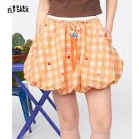 ELFSACK Women's Orange Gingham Bubble Mini Skirt with Letter Bead Drawstring, Elastic Waist Ruffle Hem Puffy Short Skirt