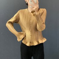 Women Casual Shirt Solid Color Round Neck Single Breasted Ruffle Edge Design Pleated Breathable Fabric Office Clothing