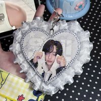 Luxury Silver Gray Custom Idol Keychain Handmade Kpop Figure Bag Charm with Metallic Lace and Rhinestones