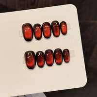 10pcs Gradient Deep Red Cat's Eye False Nails Simple Glossy Short Oval Handmade Press On Nails Full Cover Women Girls Fake Nail