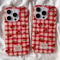 Cute Korean Girl Heart Cherry Phone Case for Samsung Galaxy S26 S25 S24 S23 S22 S21 FE Ultra Plus 5G Feather Texture Back Cover