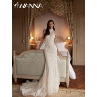 Opulent Shinny Pearls Lace Wedding Dress Dreamy Halter Backless Bridal Gown Customized Glamorous Mermaid Long Dresses For Bride