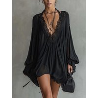 Spring Summer V Neck Lace Chic Mini Dress, Holiday Fashion Long Sleeve Simple Party Dress, Ruffles Patchwork Sexy Ladies Dresses