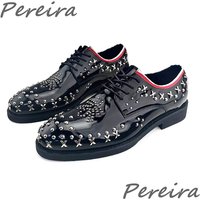 Trendy Men's Black Genuine Leather Derby Shoes Rivet Metal Decor Casual Business Shoes British Style Handmade Cowhide Oxfords
