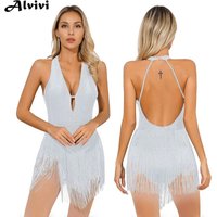 Women Latin Dance Bodysuit Sleeveless Shiny Rhinestone Tassel Deep V Leotard Dress Tango Rumba Cha-Cha Samba Performance Costume