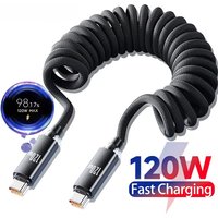 120W USB C to Type C Fast Charging Cable USB A To Type C Car Spring Telescopic Phone Cord For iPhone 17 16 Samsung Xiaomi Huawei