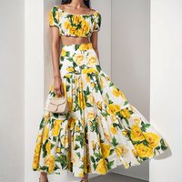 Summer Yellow Rose Flower Long Robe Skirts Suits Women's Off The Shoulder Stretch Crop Top + Beach Floral Print Two Piece Set