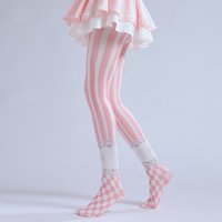 Cute Sweet Lolita Style Women Pantyhose Pink Vertical Striped Chessboard Grid Printing Hottie Sexy Stretch Tights